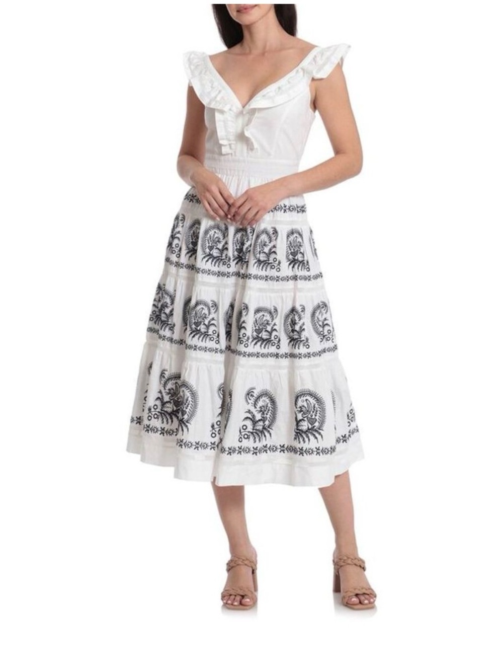Bagatelle NYC White Embroidered Maxi Dress with Ruffled V-Neck